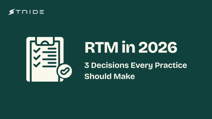 "RTM in 2026: 3 Decisions Every Practice Should Make" blog post graphic with clipboard icon on green background