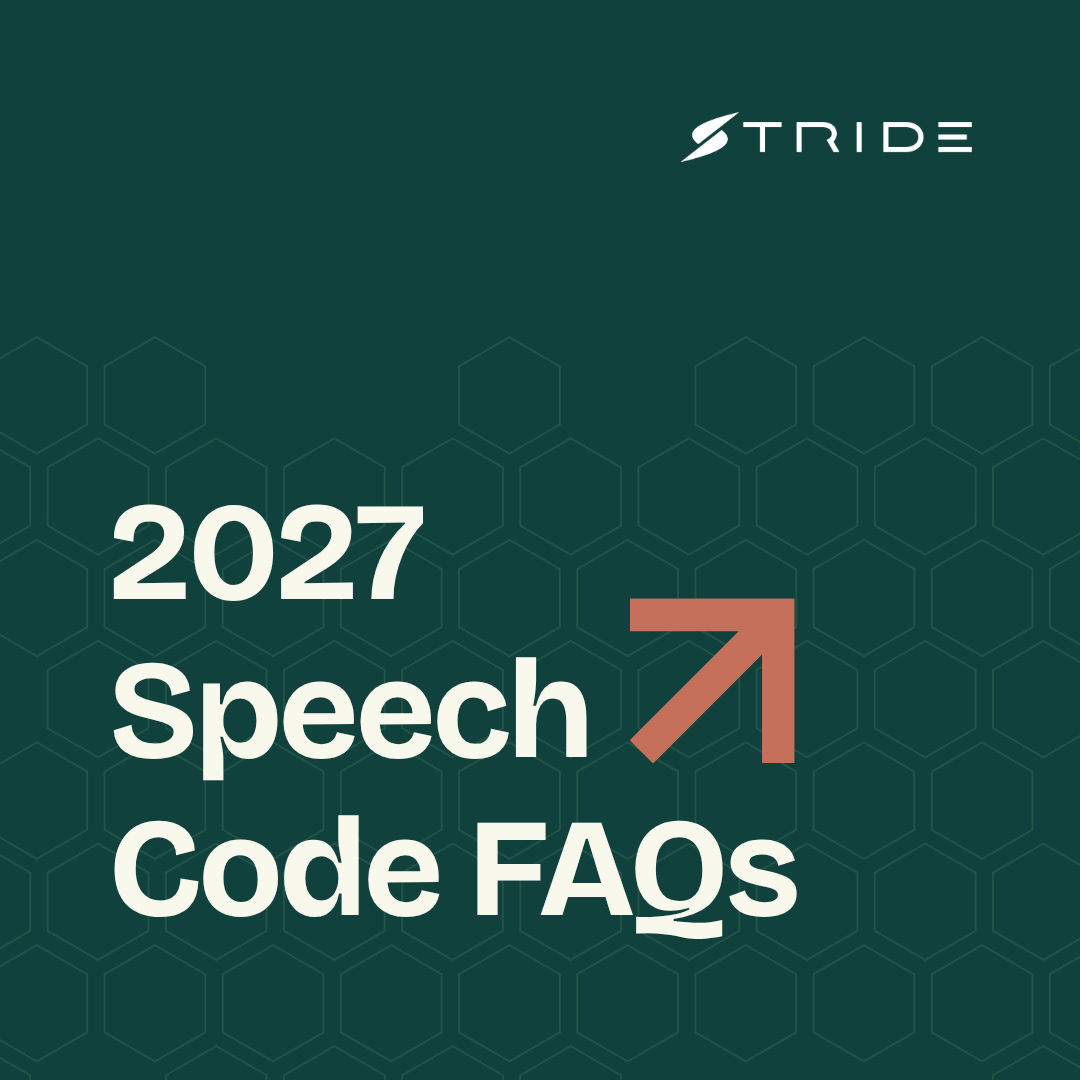 2027 Speech Code FAQs on green background with terracotta arrow and honeycomb background